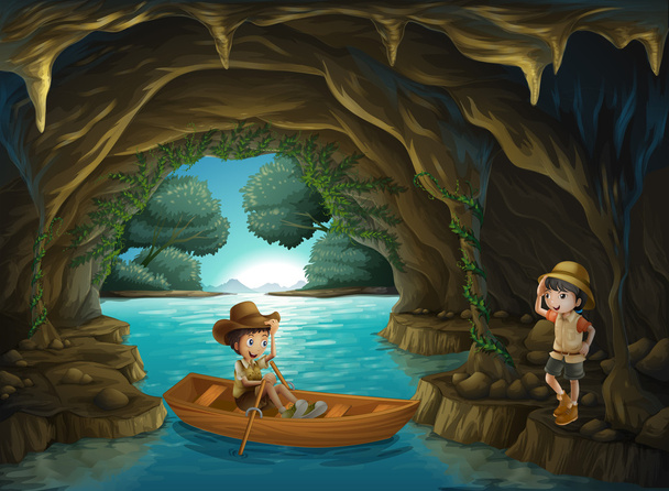 ein Mädchen und ein Junge in der Höhle - Vektor, Bild