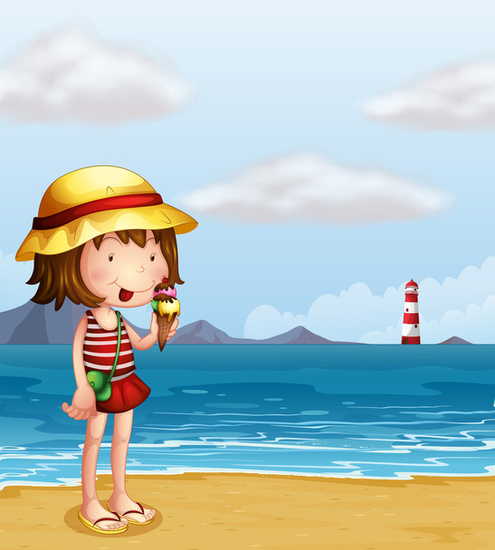 genç bir kız bir dondurma yemek deniz kıyısı - Vektör, Görsel