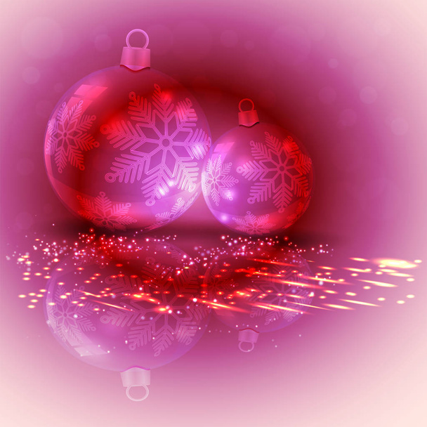 Christmas composition of a red shade with silhouettes of Christmas balls with reflection and glitter. - Vector, Image