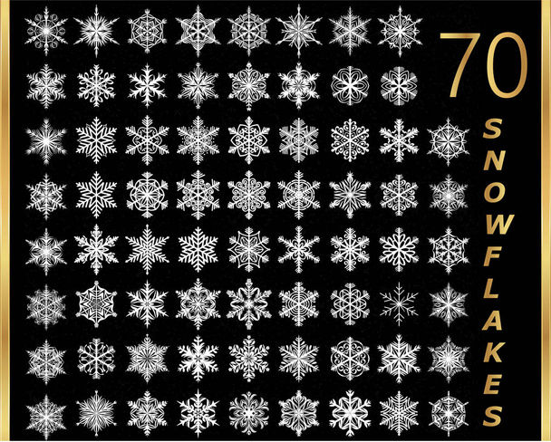 Sammlung goldener Schneeflocken auf schwarzem Hintergrund - Vektor, Bild
