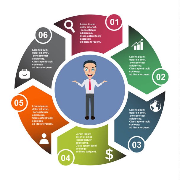 6 step vector element in six colors with labels, infographic diagram. Business concept of 6 steps or options with businessman . - Vector, Image