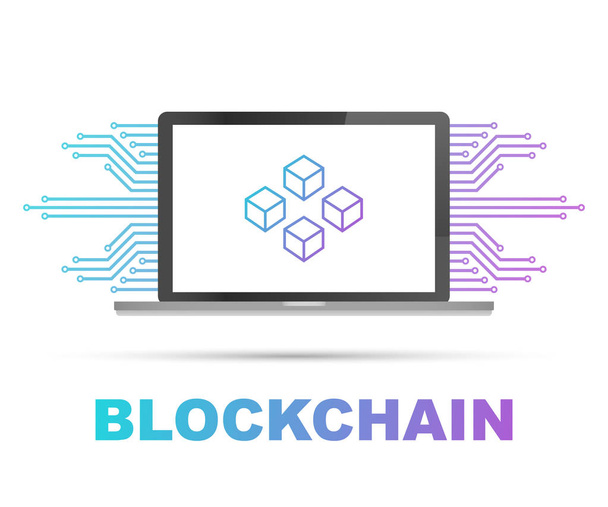 ノート パソコンの画面、ディスプレイに接続されているキューブのアイコンを Blockchain。データベース、データ センター、cryptocurrency、blockchain のシンボル - ベクター画像