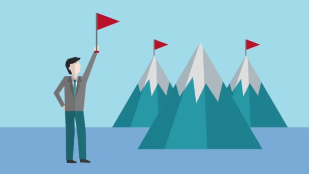 επιχειρηματίας που κυματίζει σημαία βουνά της επιτυχίας κινούμενα σχέδια hd - Πλάνα, βίντεο