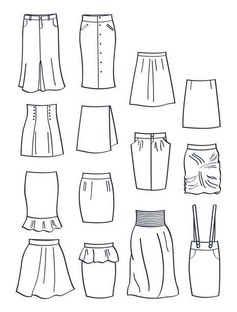 Conjunto de contornos de diferentes saias, roupas casuais e para escritório, isolado sobre fundo branco
.  - Vetor, Imagem
