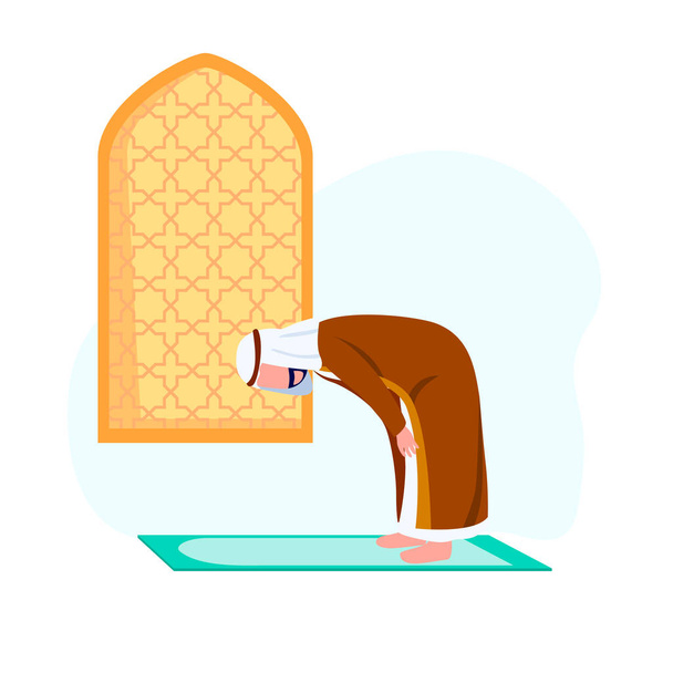 Arabian Man Practicing Bowing Down in Prayer, Practicing Islamic Pray Vector Illustration - Vector, Image