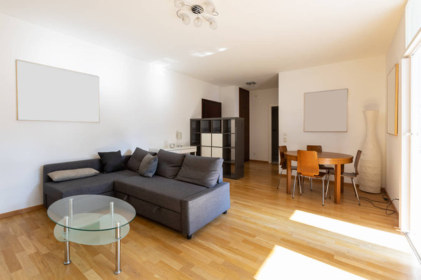 Modern living room with parquet and dark sofa. Nobody inside - Fotografie, Obrázek