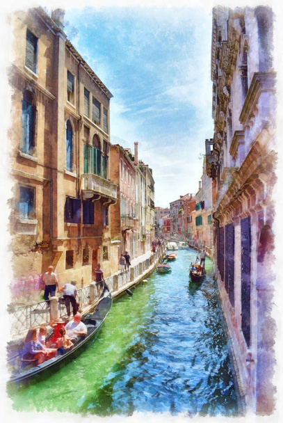 Malowniczy widok na wąskim kanałem Weneckim z gondoli, cyfrowy imitacji malarstwo akwarela. Kolorowe elewacje starych średniowiecznych domów w Wenecja, Włochy. - Zdjęcie, obraz