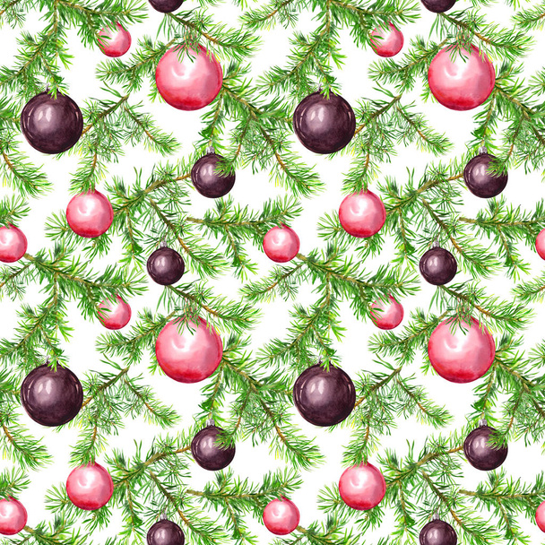 Christmas baubles, fir tree twigs. Seamless pattern for christmas design. Watercolor - Valokuva, kuva