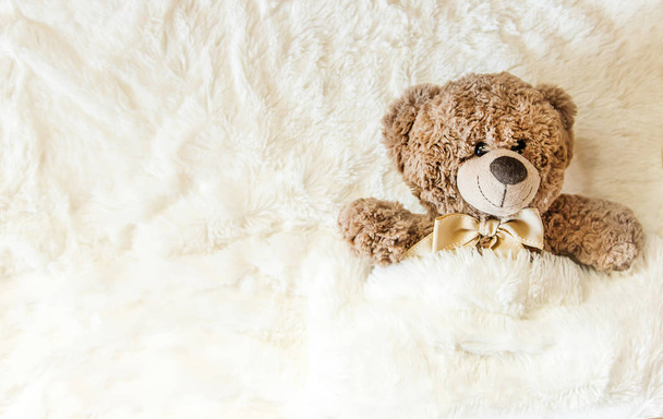 Детская игрушка спит под одеялом. скопировать пространство. Выборочный фокус. Дети
. - Фото, изображение