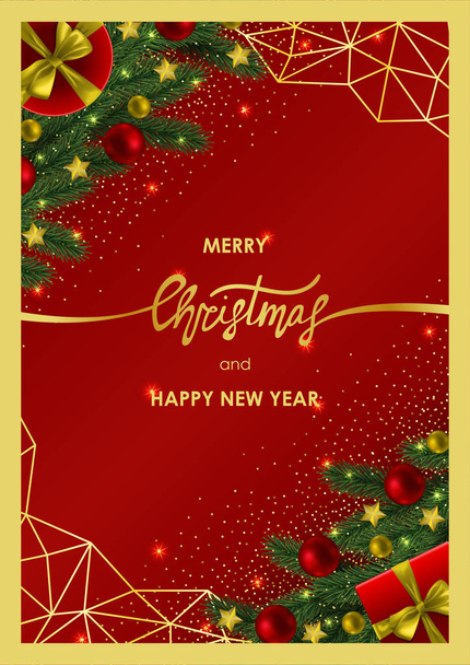 Einladungskarte für Weihnachten und Neujahr mit goldenem geometrischem Rahmen - Vektor, Bild