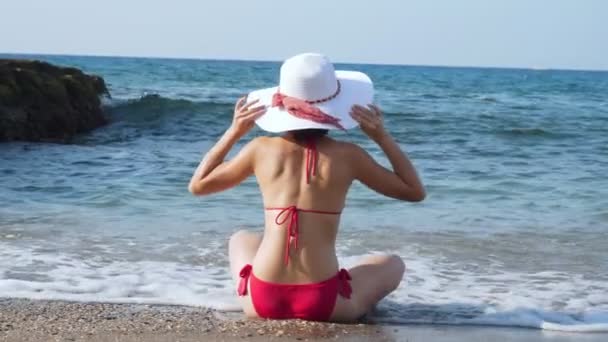 青い海の前にビーチに座っていた若い女性. - 映像、動画