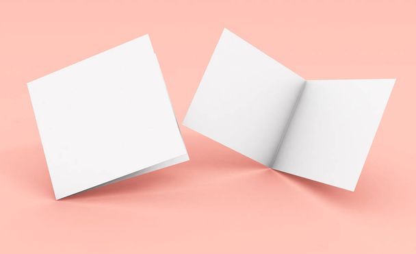 Blank square bifold brochure on pink background 3d rendering - Foto, Bild