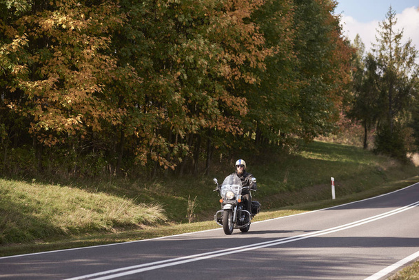 Vousatý motocyklista v přilbu, brýle a černé kožené oděvy na koni Cruiseru po prázdné silnici Slunečného letního dne na pozadí vysokých hustých smrků lesních. - Fotografie, Obrázek