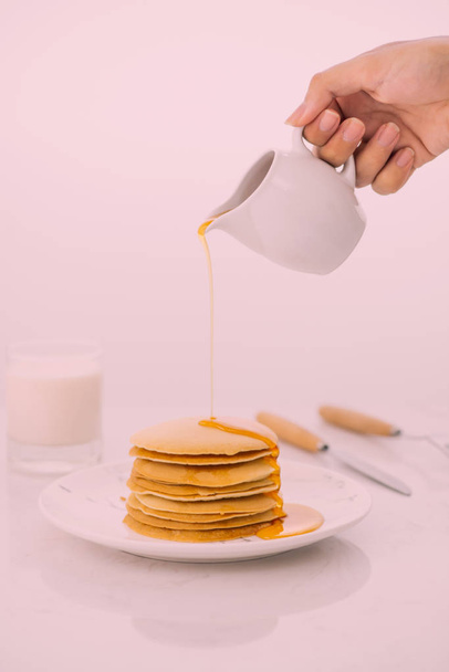 Sweet Homemade Stack of Pancakes with Butter and Syrup for Breakfast - Фото, изображение