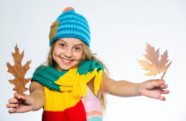 Girl long hair happy face wear bright knitted hat and scarf white background. How to style colourful accessory for autumn. Bright accessories for soft autumn. Bright accessory. Be bright this autumn - Photo, Image