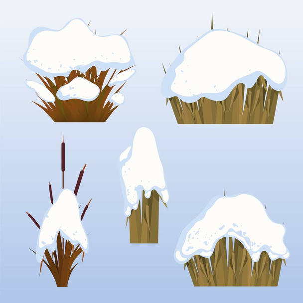 Set of withered grass under the snow in the style of a cartoon against the sky. Collection of elements of nature, winter lawn, garden grass in winter. Seasonal natural changes. Vector illustration - Вектор, зображення