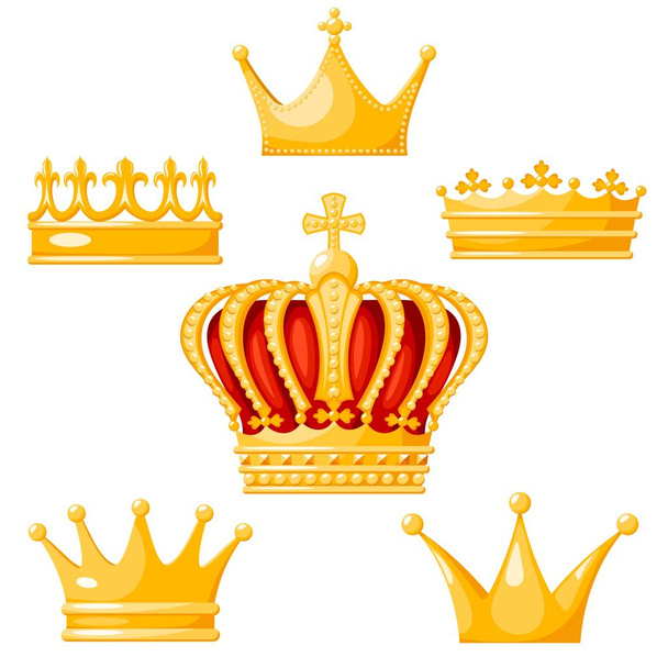 Joukko kultaisia kruununhallitsijoita valkoisella taustalla. Eristetty regalia kuningas, kuningatar, prinsessa, prinssi. Kruunajaiset ja valta. Vektoriesimerkki
 - Vektori, kuva
