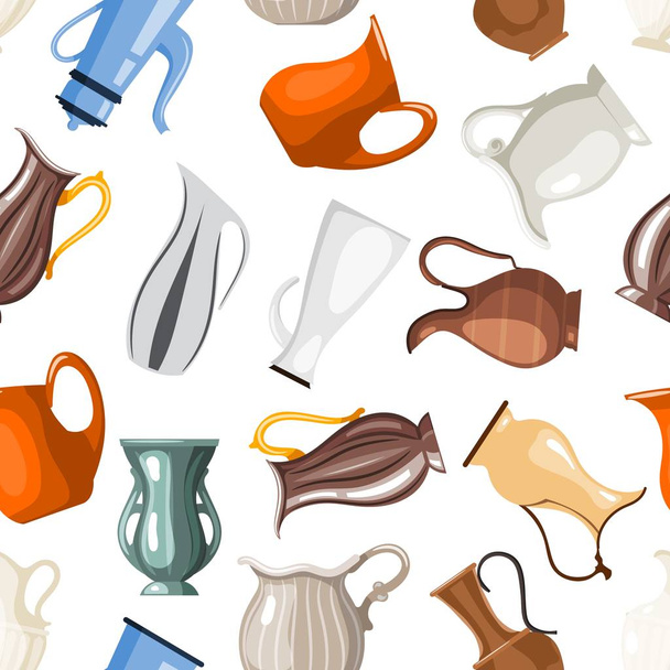 Seamless of colored vases and jugs in cartoon style on a white background collection of  vessels for vector illustration - Vektori, kuva