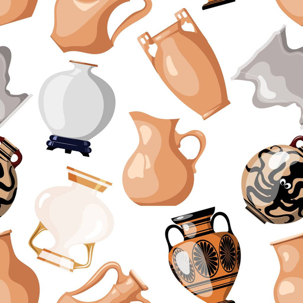 Seamless of antique utensils for food on a white background  vintage amphorae for wine, grain, oil and incense. Cartoon style. Vector illustration - Vecteur, image