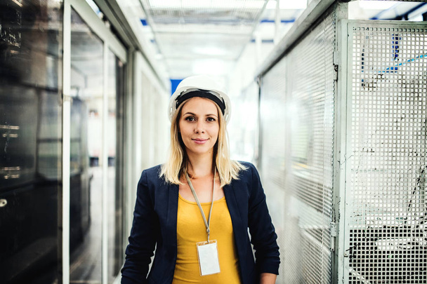 A portrait of an industrial woman engineer standing in a factory. - Фото, зображення