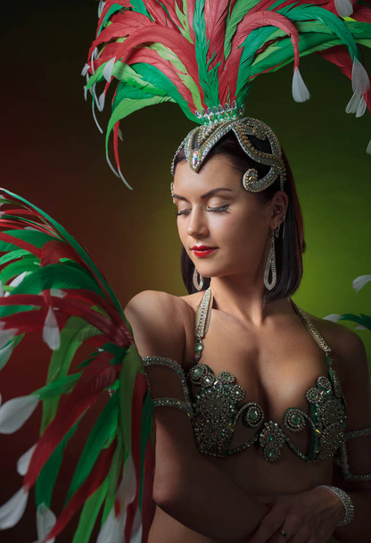 Hermosa mujer en traje de carnaval con pedrería y plumas naturales. Maquillaje profesional, tocado perfecto con plumas y pedrería
.  - Foto, imagen