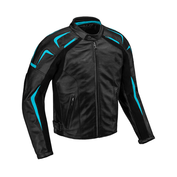 Mens black with blue elements leather jacket isolated on white background. Ghost mannequin photography - Photo, Image