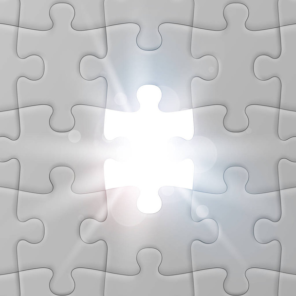 Witte puzzel met gemiste en glanzend stukje. Oplossing concept. - Vector, afbeelding