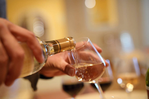 Man glas witte wijn serveren op wijngoed - Foto, afbeelding