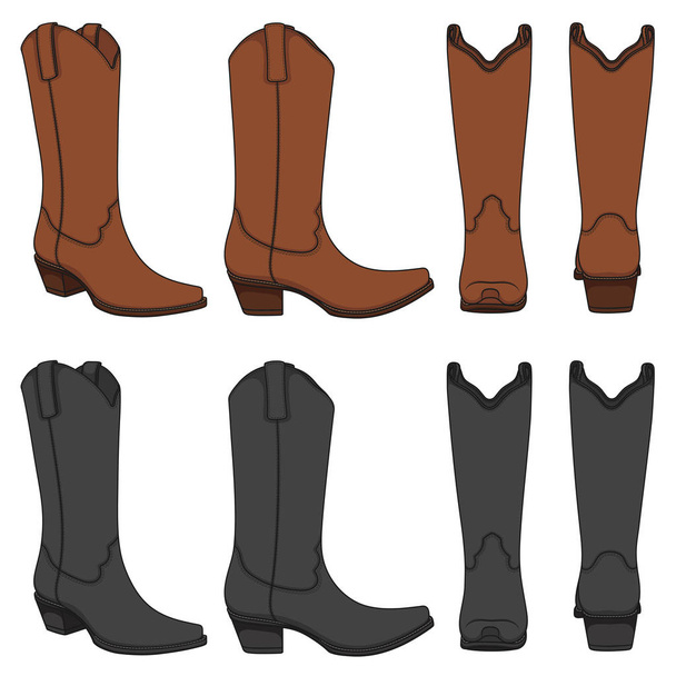 Set of color illustrations with cowboy boots. Isolated vector objects on white background. - Вектор,изображение