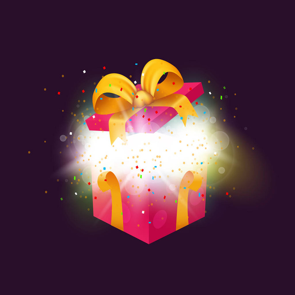 Opende de doos van de gift van de verrassing met confetti explosie. Kerstmis of verjaardagscadeau. - Vector, afbeelding