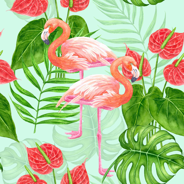 Seamless tropical pattern with flamingos and tropicala leaves and flowers painted with watercolors. - Fotografie, Obrázek