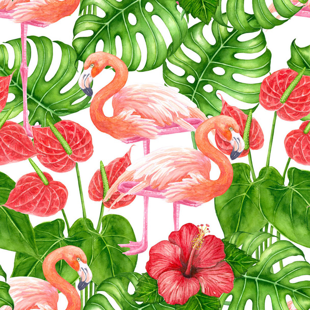 Seamless tropical pattern with flamingos and tropicala leaves and flowers painted with watercolors. - Foto, Imagen