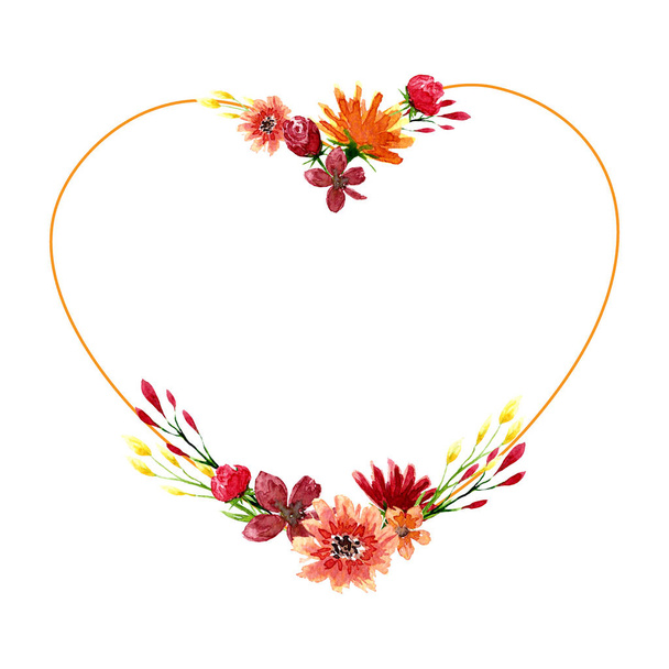 Cornice con fiori ad acquerello a forma di cuore. Sfondo con elementi floreali e luogo per il testo
 - Foto, immagini