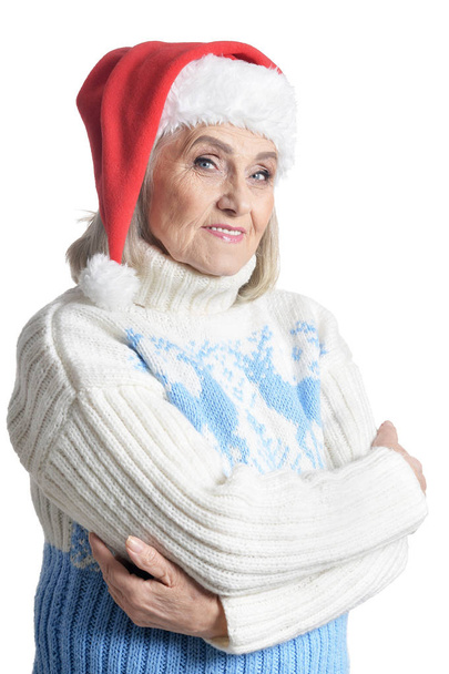 Portrait of senior woman in Santa hat isolated on white background  - Photo, Image