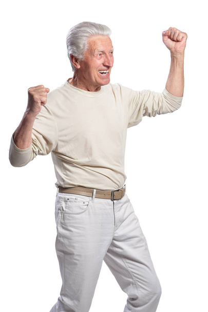 щасливий старший чоловік позує ізольовано на білому тлі
 - Фото, зображення