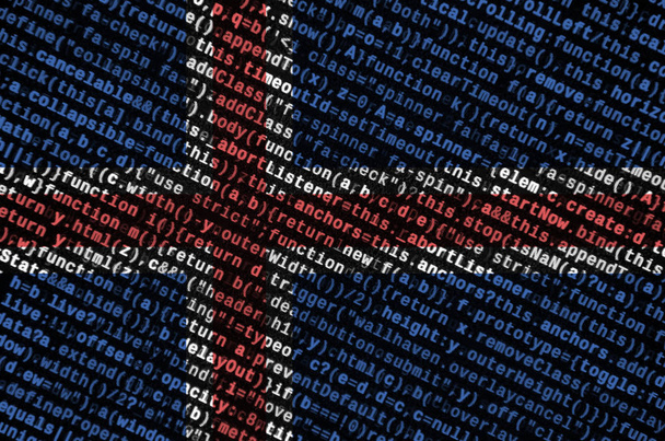 Le drapeau de l'Islande est représenté à l'écran avec le code du programme. Le concept de technologie moderne et le développement du site
. - Photo, image