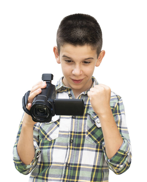 Хлопчик тримає відеокамеру. білі ізольовані
 - Фото, зображення