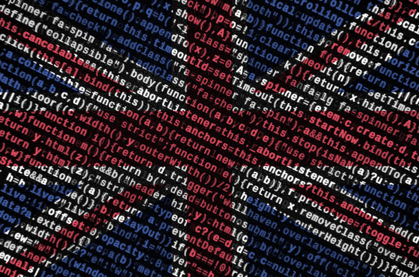 Suuri Britannian lippu on kuvattu ruudulla ohjelmakoodilla. Käsite modernin teknologian ja sivuston kehittämiseen
. - Valokuva, kuva