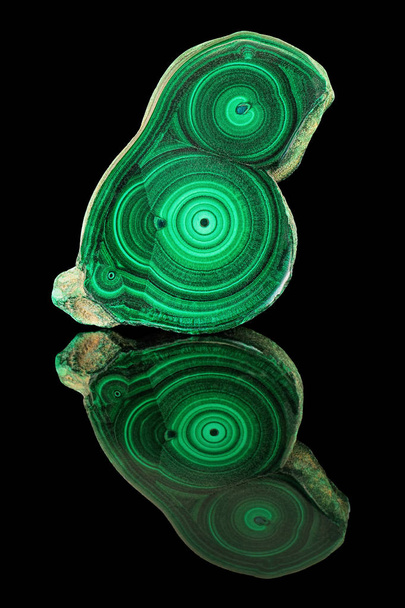 Εκπληκτικό γυαλισμένη πλάκα φυσικού πράσινου μαλαχίτη ορυκτών πολύτιμων λίθων δείγμα μακροεντολής πολύτιμες πέτρες απομονώνονται σε μαύρο φόντο. Υφή φωτογραφία κινηματογραφήσεων πράσινη πέτρα δείγματος - Φωτογραφία, εικόνα