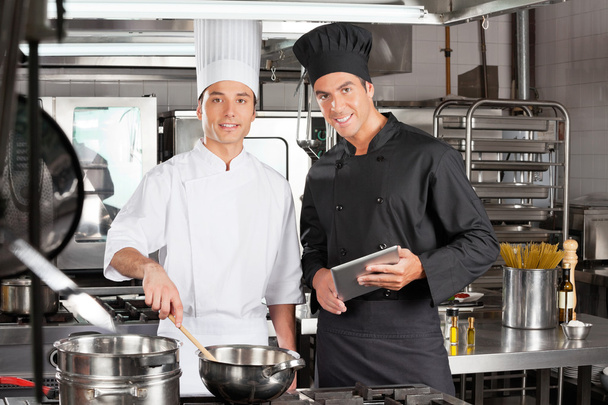 Happy Chefs With Digital Tablet Cooking Food - Zdjęcie, obraz