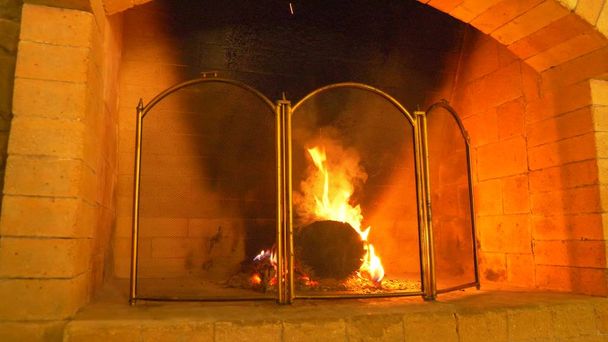 close-up, fogo e fumaça na lareira através de uma malha protetora para a lareira
. - Foto, Imagem