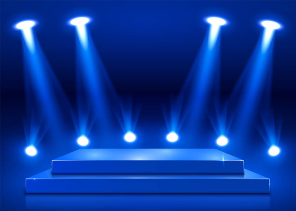 Сценический подиум с освещением, сцена на сцене с наградой Церемония награждения на синем фоне. - Вектор,изображение