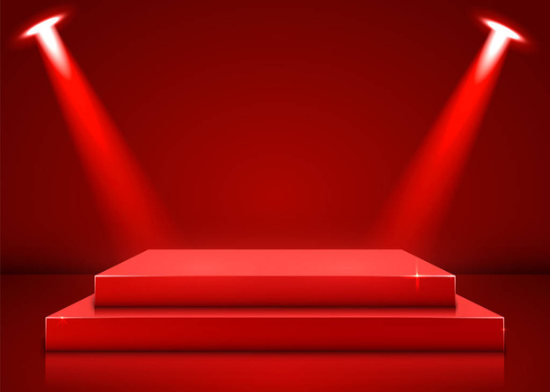 Palcoscenico podio con illuminazione, Palcoscenico Podio Scena con premiazione su sfondo rosso. - Vettoriali, immagini