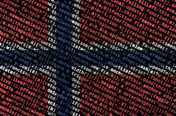 La bandera de Noruega se muestra en la pantalla con el código del programa. El concepto de la tecnología moderna y el desarrollo del sitio
. - Foto, imagen