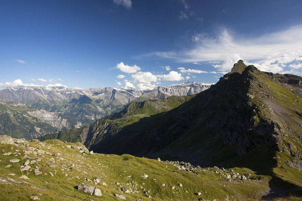 View towards the Glarus Alps from Vorder Hohberg Mountain near Glarus, Canton of Glarus, Switzerland, Europe - 写真・画像