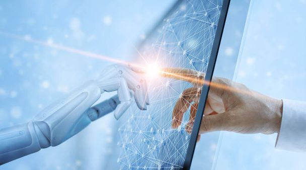Mãos de robô e humanos tocando na interface de futuro de conexão de rede virtual global. Conceito de tecnologia de inteligência artificial
.  - Foto, Imagem