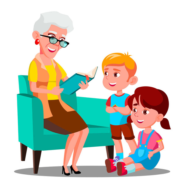 Γιαγιά διαβάζοντας ένα βιβλίο στο διάνυσμα τα εγγόνια της. Απομονωμένη εικονογράφηση - Διάνυσμα, εικόνα