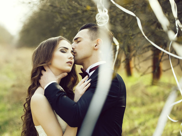Wedding couple and ribbons on tree - Φωτογραφία, εικόνα