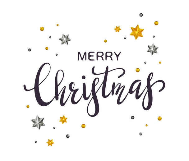 schwarzer Schriftzug Frohe Weihnachten mit goldenen und silbernen Sternen und Perlen auf weißem Hintergrund, Illustration. - Vektor, Bild