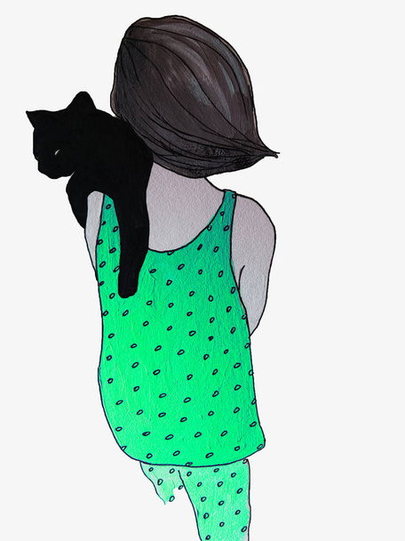 Nuori nainen vihreässä pyjamassa kuviolla pitää mustaa kissaa. Hauskaa kotiin aamulla tai uneton yö, käsite
. - Valokuva, kuva